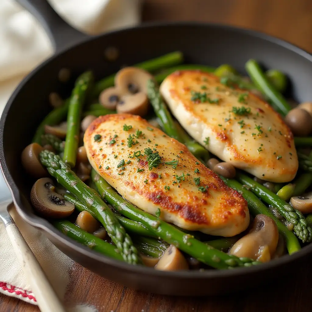 Boursin Chicken, Mushroom, and Asparagus Skillet