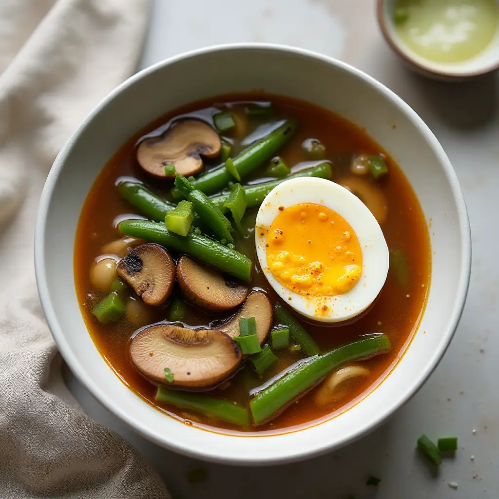 Spicy Miso Soup with Roasted Shiitake Mushrooms and Green Beans
