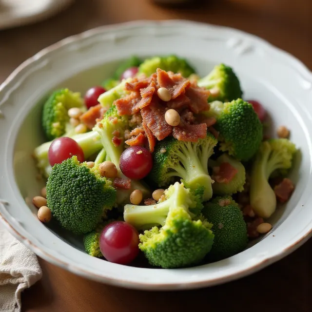 Broccoli Salad with Red Grapes, Bacon, and Sunflower Seeds