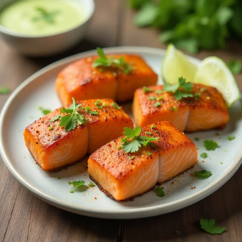 Air Fryer Spicy Salmon Bites with Avocado Lime Sauce
