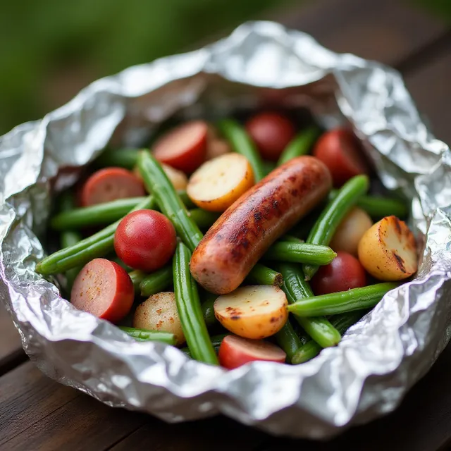 Grilled Sausage with Potatoes and Green Beans