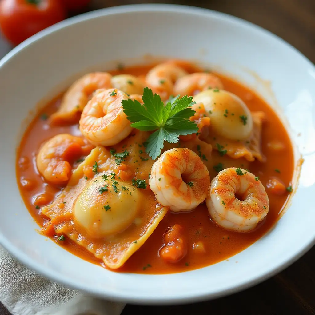 Lobster Ravioli in Tomato Cream Sauce with Shrimp