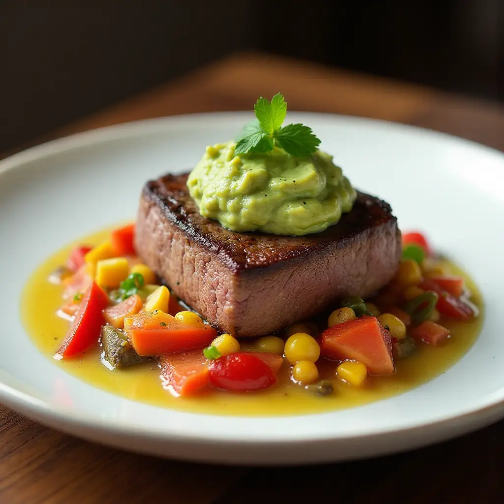 Filet Mignon with Bell Pepper Haystack and Fresh Guacamole Served with Corn Chips