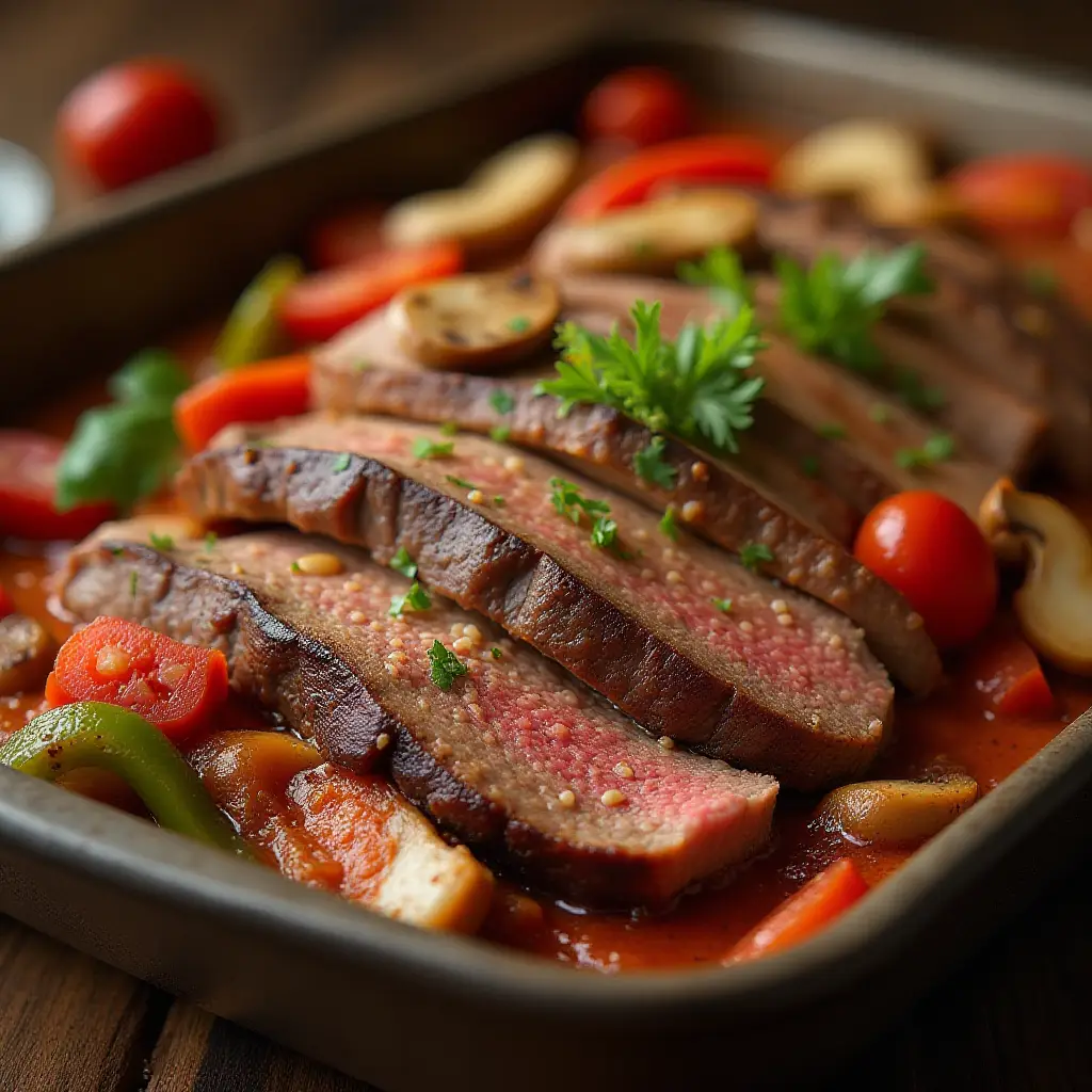 Sliced Steak, Peppers, and Mushrooms in the Oven