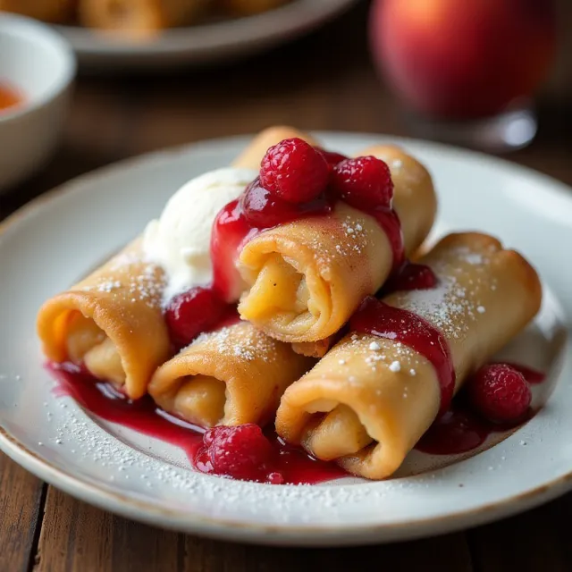 Quick and Easy Peach Pie Egg Rolls with Raspberry Sauce