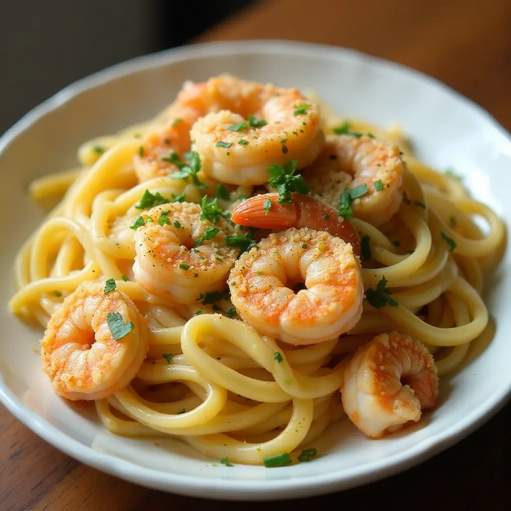 Parmesan-Crusted Shrimp Scampi with Pasta
