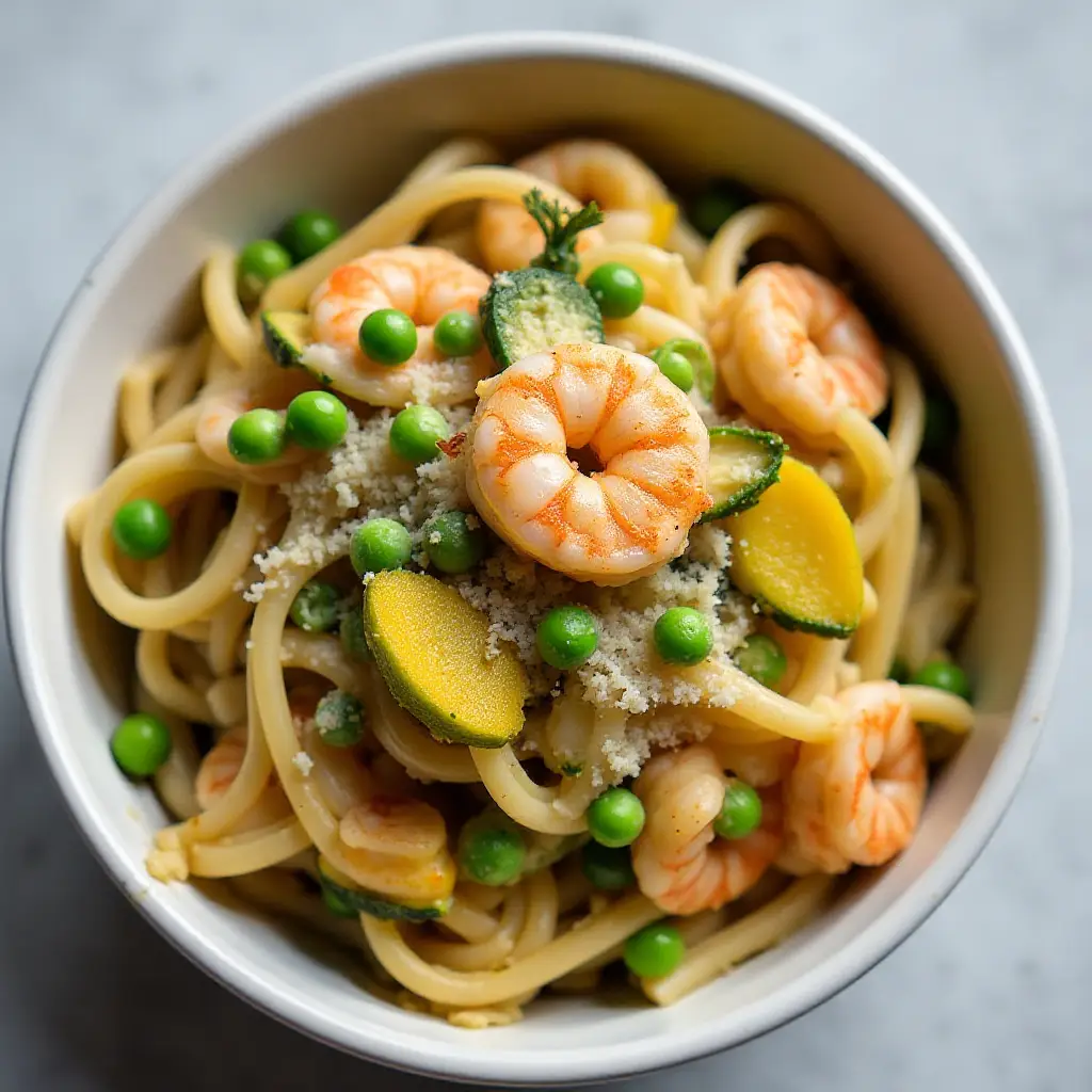 Garlicky Shrimp Primavera with Shishito Peppers