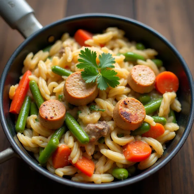 One Pan Chicken Sausage, Vegetables, and Orzo