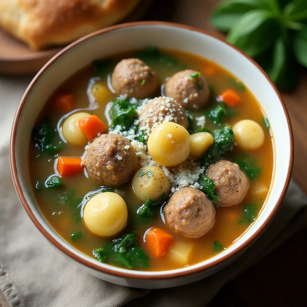 Gnocchi, Spinach, and Meatball Soup