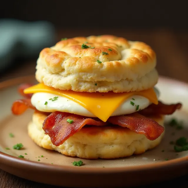 Super Meat Lovers Cheddar Biscuit Breakfast Sandwich