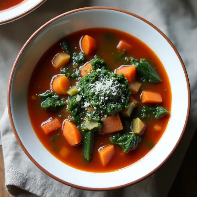 Red Winter Minestrone with Winter Greens Pesto