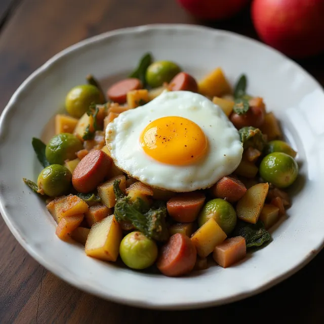 Turkey Sausage, Potato, Brussels Sprouts, and Apple Hash