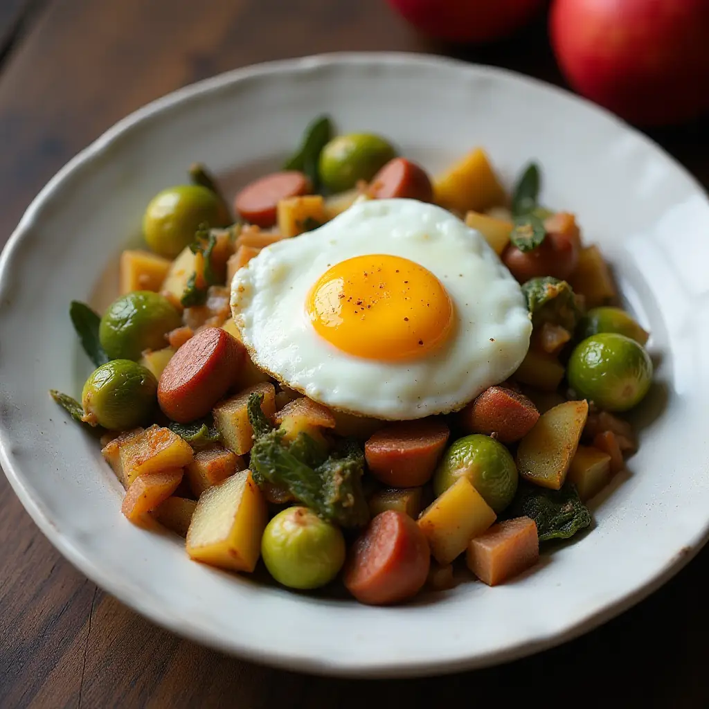 Turkey Sausage, Potato, Brussels Sprouts, and Apple Hash