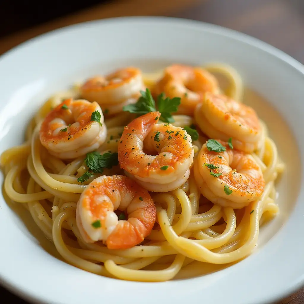 Shrimp Francese over Linguine