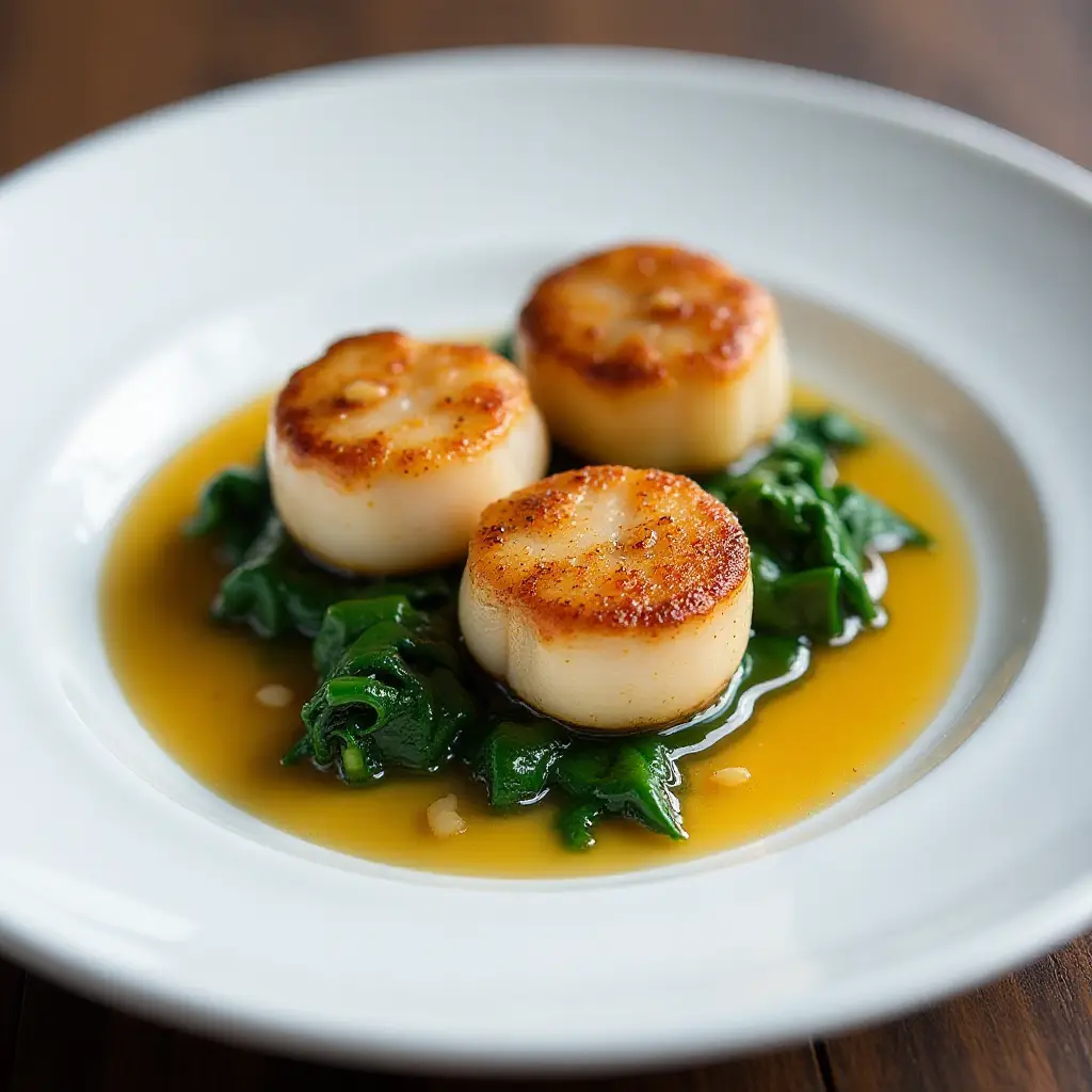 Sous-Vide Bay Scallops on Soy Ginger Espuma with Mushrooms and Spinach