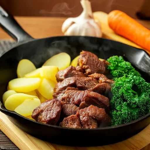 Manzo in Padella Nera con Verdure e Patate Rosse