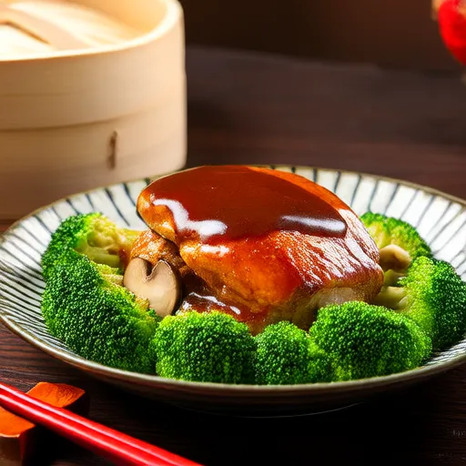 照烧鸡肉配蘑菇和西兰花