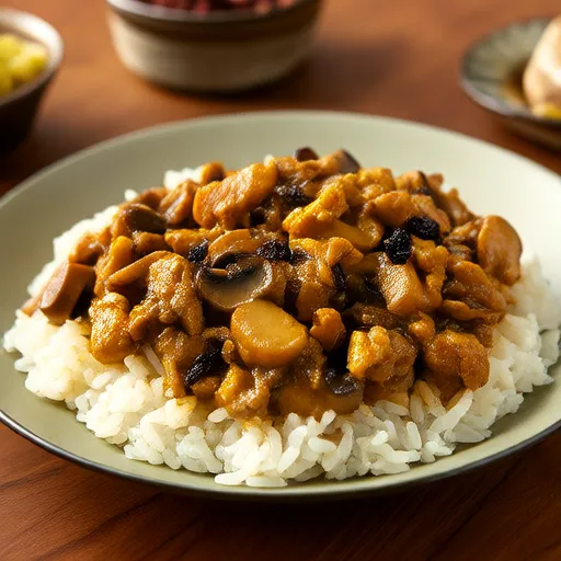 Gekochtes Huhn mit Rosinen und Pilzen