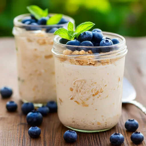 Avena nocturna con proteína en polvo, arándanos y mantequilla de maní