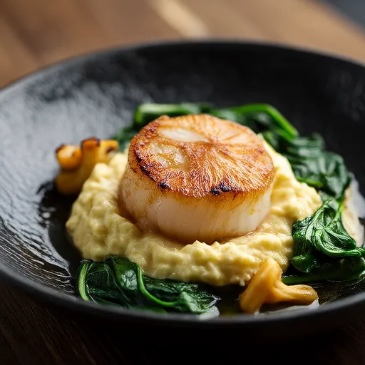 Sous-Vide Bay Scallops on Soy Ginger Espuma with Mushrooms and Spinach