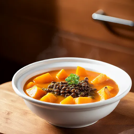 慢炖锅中的纯素南瓜绿豆炖菜