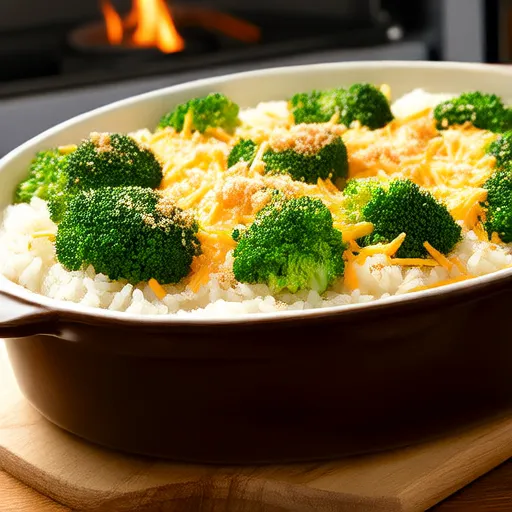 Casserole cơm phô mai và hoa lơ xanh với lớp phủ bánh quy giòn tỏi