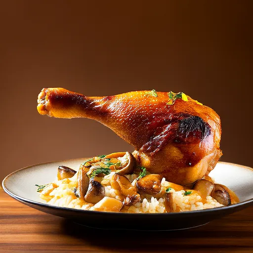Poulet rôti avec risotto et oignons caramélisés