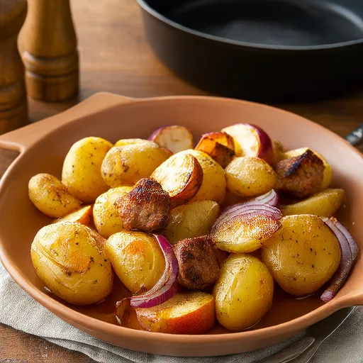 Prato Único de Batatas e Maçãs Assadas com Linguiça de Frango