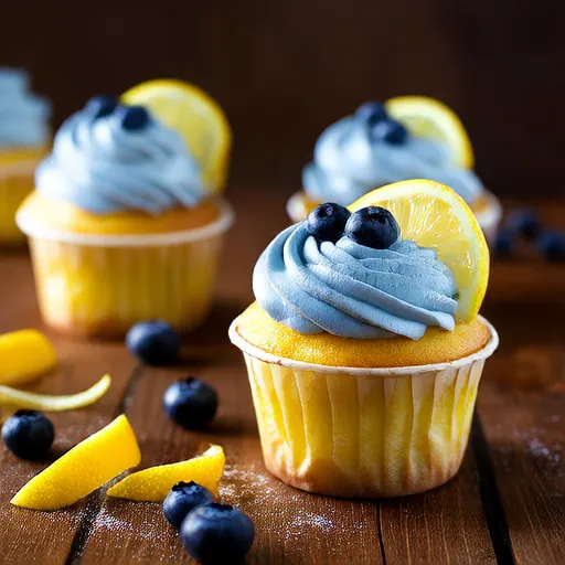 Cupcakes de Limão e Mirtilo com Cobertura de Creme de Manteiga de Limão e Mirtilo