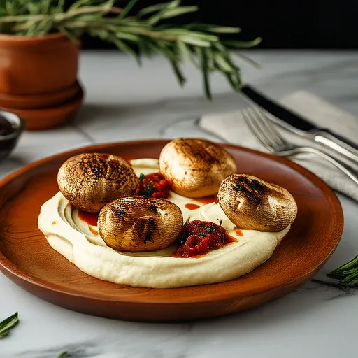 Nấm Portobello Nướng với Đậu Cannellini Nghiền và Sốt Harissa
