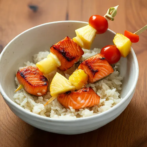 Espetos de Salmão Robustos sobre Arroz Integral