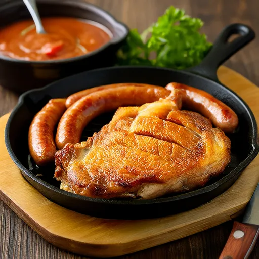 乡村炸牛排配奶油猪肉香肠肉汁
