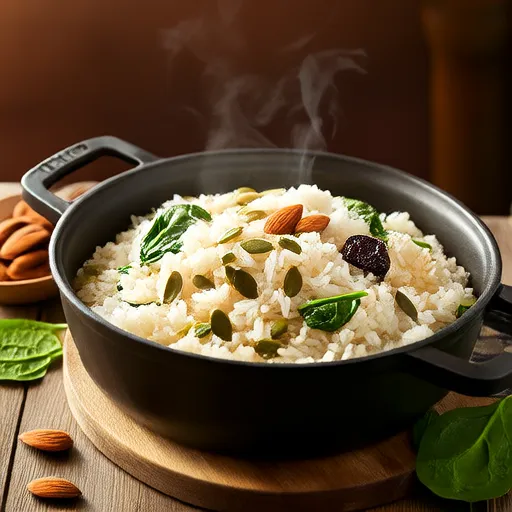 Arroz integral al curry con semillas de calabaza, albaricoques y espinacas