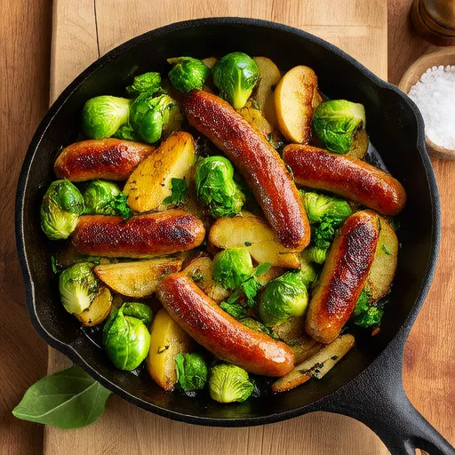 Hash di salsiccia di tacchino, patate, cavoletti di Bruxelles e mele