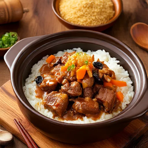 Stew Babi Lambat di atas Nasi Coklat
