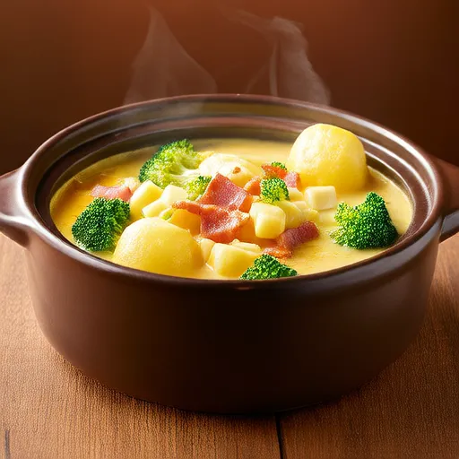 Soupe de pommes de terre, jambon, brocoli et fromage avec petites boulettes