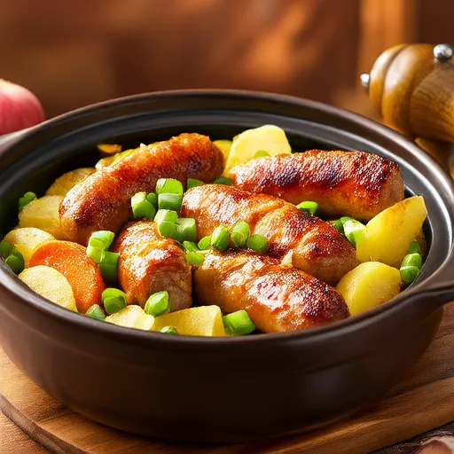 كسرولة النقانق والفاصوليا الخضراء والبطاطس