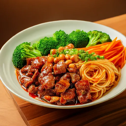 亚洲风味通心粉沙拉配牛肉、西兰花和豆芽