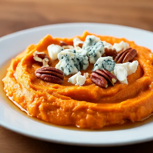 Gepürierter Butternusskürbis mit Blauschimmelkäse und Pekannüssen