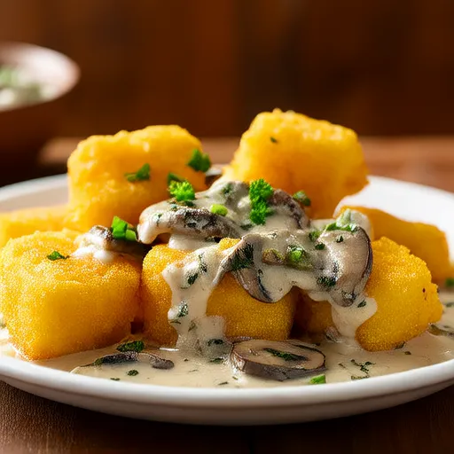 Fried Polenta Squares with Creamy Mushroom Ragu