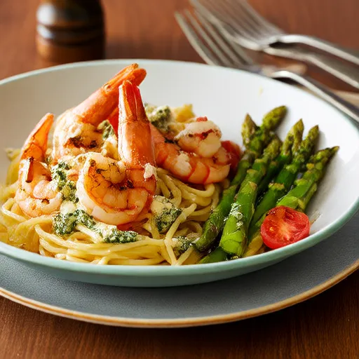 Shrimp Scampi with Tomatoes, Pasta, and Roasted Asparagus