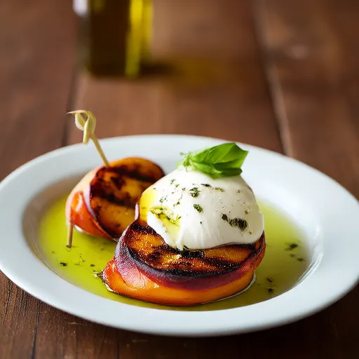 그릴에 구운 프로슈토 감싼 복숭아와 Burrata 치즈, 바질