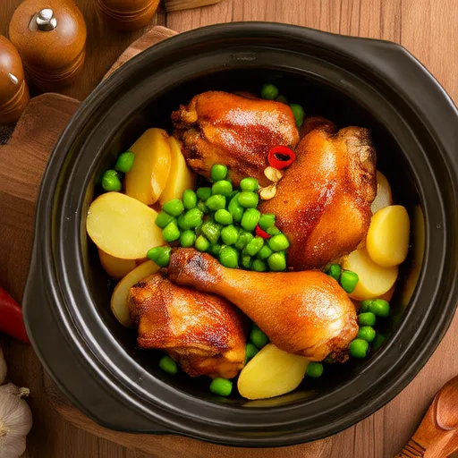 Hähnchenkeulen, grüne Bohnen und Kartoffeln im Slow Cooker