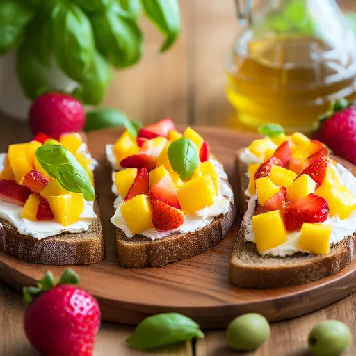 Triangoli di Pane Tostato con Fragole, Mango e Ricotta