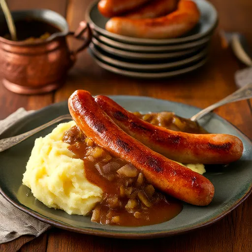 Auténticos Bangers and Mash con Salsa de Cebolla