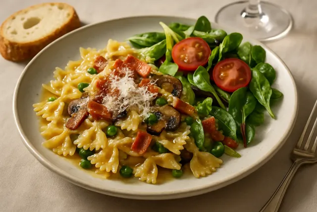 Pasta cremosa con funghi e piselli