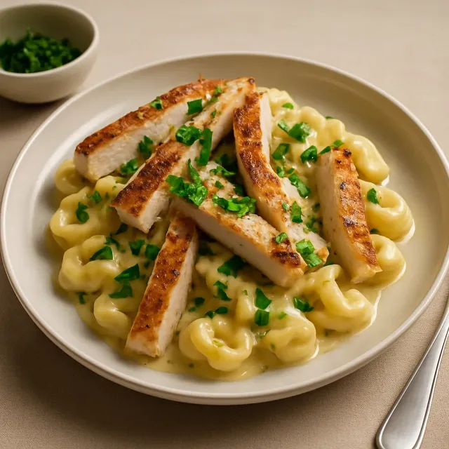 Tortellini Alfredo with Grilled Chicken Breasts