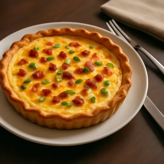 Quiche de tocino, queso y cebolla caramelizada