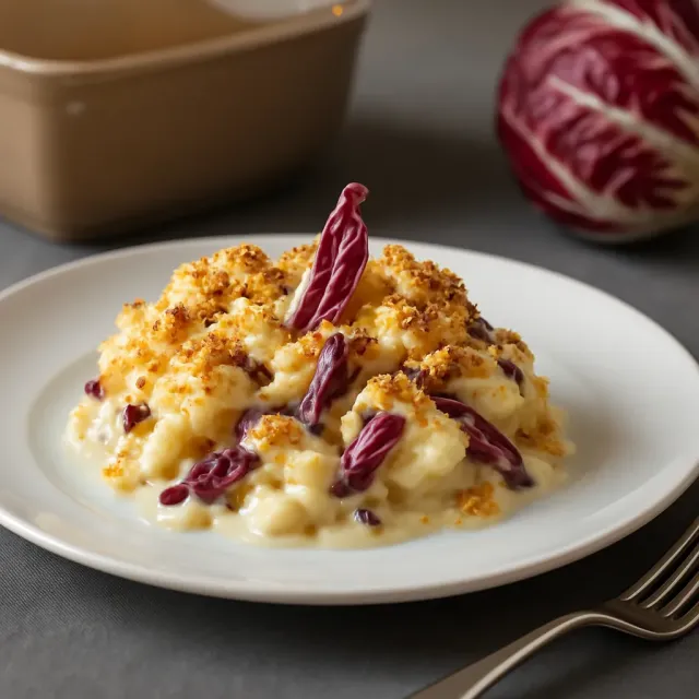 Gratin di Pasta Cremini e Asiago con Radicchio