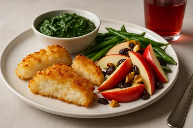 Easy Oven Fish with Spinach Basil Dipping Sauce & Spiced Apples